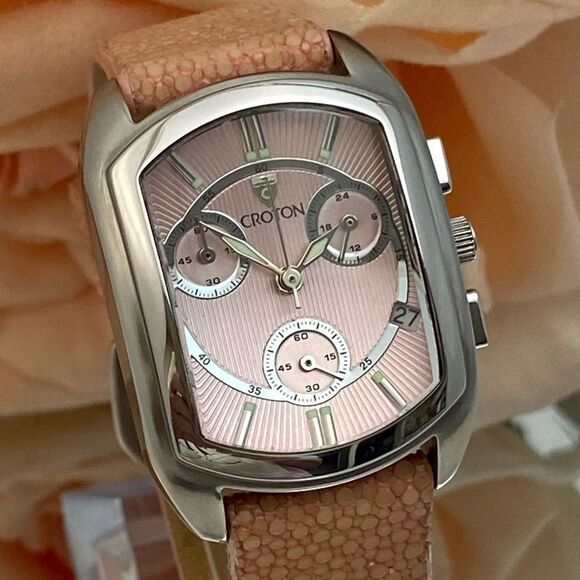 Croton All Stainless Steel Swiss Quartz Chronograph Pink Dial Sharkskin Strap - Picture 2 of 16
